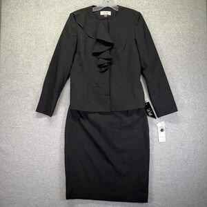 Le Suit Skirt Suit Womens 4 Black 2 Piece Ruffle Jacket Pencil Skirt Stretch